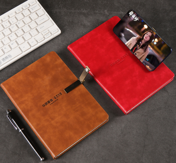 Custom leather business notebook with mobile phone holder